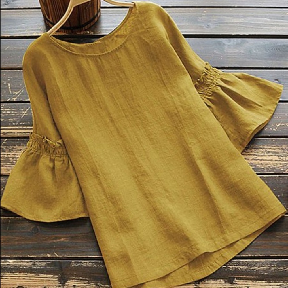 Cellsbie Elegant Mustard Blouse with Flared Sleeves. 100% Cotton. Size Medium.